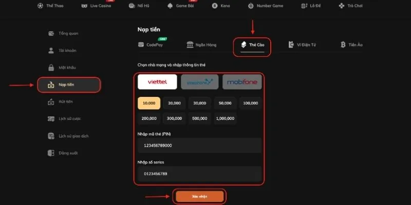 Thực hiện nạp tiền Oxbet qua thẻ cào với mạng Viettel, Vinaphone hoặc Mobifone